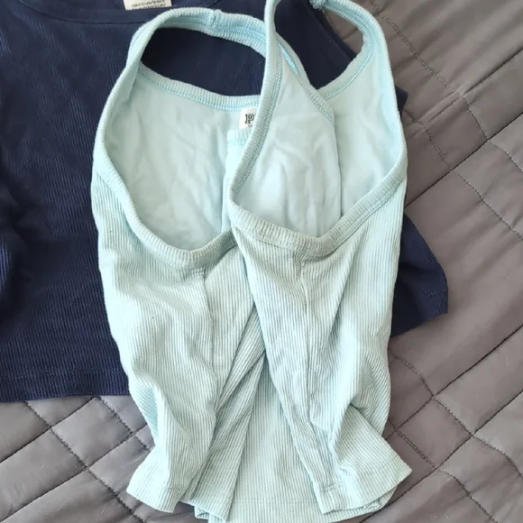 PINK Victoria's Secret Cropped Shelf Bra Racerback Tanks - Navy and Mint Blue - Picture 2 of 7
